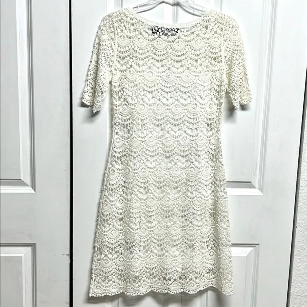 Ralph Lauren Black Label Cream Short Sleeve Cotton Crocheted MIDI Dress Size XS